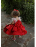 Red Fluffy Beaded V Back Flower Girl Dress